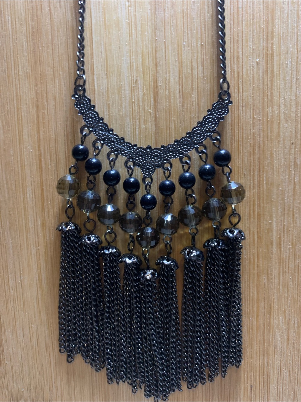Black and Smoky Bead Chain Fringe Necklace